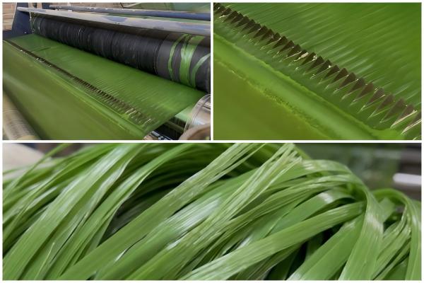 close up of slit film artificial grass yarn