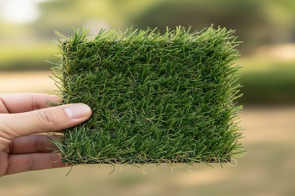 A close-up shot of a hand holding a single artificial grass sample