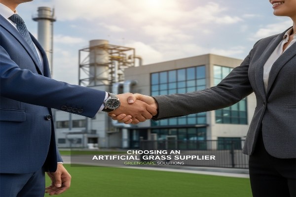 A handshake between two business professionals with a factory in the background