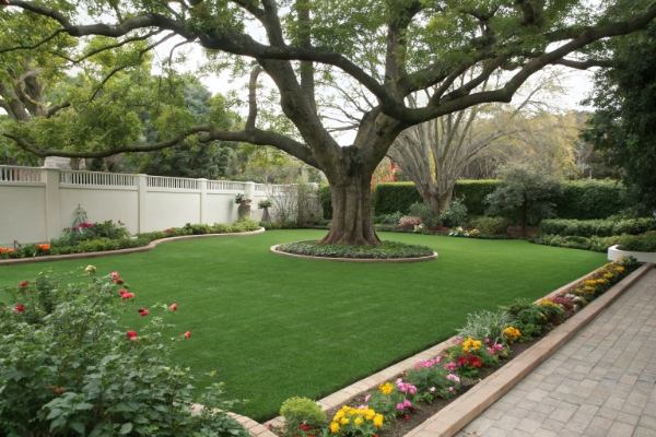 A pristine artificial lawn with a large tree growing in the center and flower beds along the edges