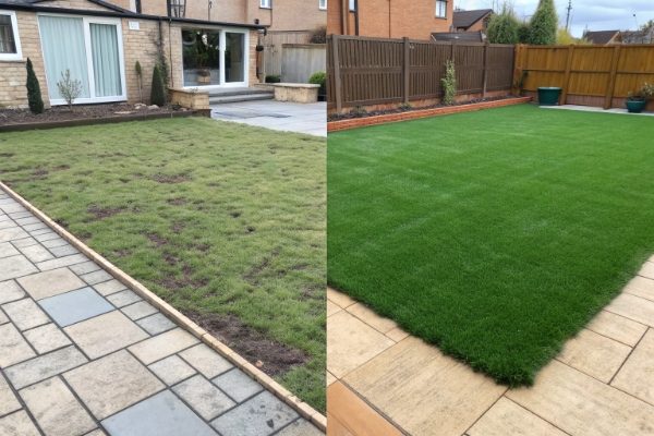 A close-up shot comparing realistic artificial grass with natural grass side-by-side