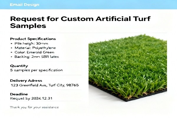 An email showing a request for custom artificial turf samples with specifications