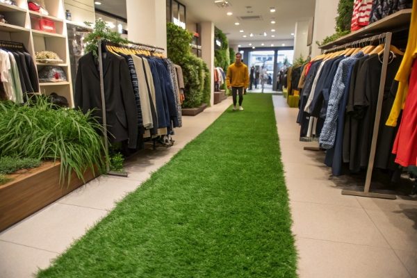 An artificial grass pathway leading through a retail store, with clothing racks on either side
