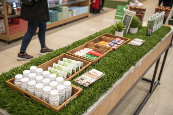 An overhead view of a retail table with a runner of artificial grass displaying various small products