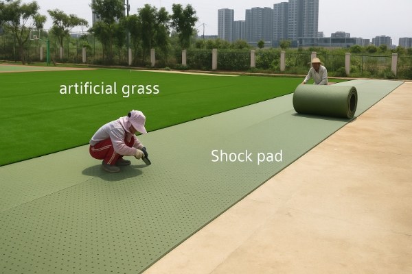 Layers of artificial turf installation showing a black shock pad underneath