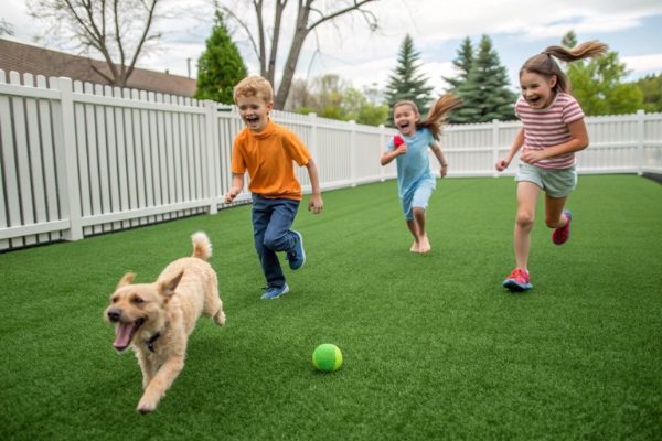 Children and a dog playing happily on a bright green artificial lawn