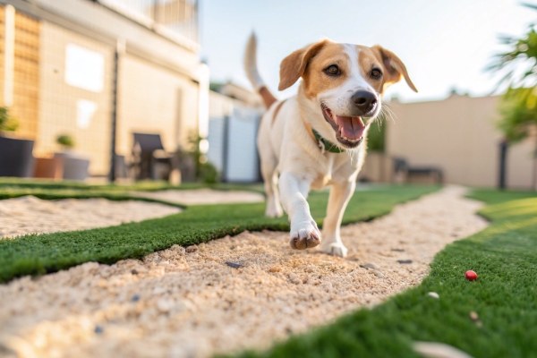 A happy dog relaxing on an artificial grass lawn