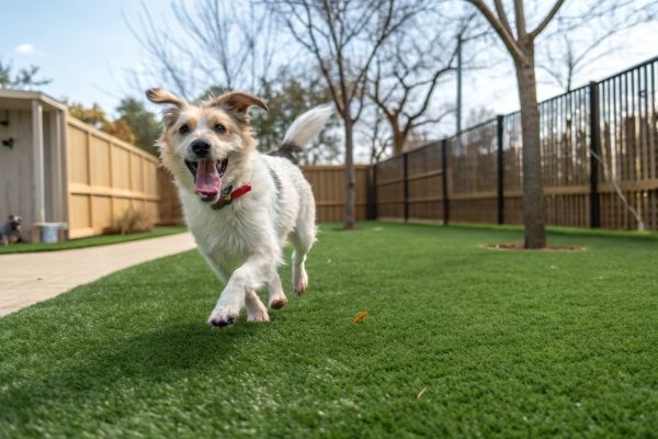 A happy dog running on an artificial turf lawn in a backyard