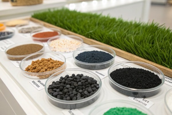 A display showing different types of safe turf infill like silica sand and EPDM granules