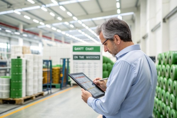 A factory manager reviewing a production schedule on a tablet