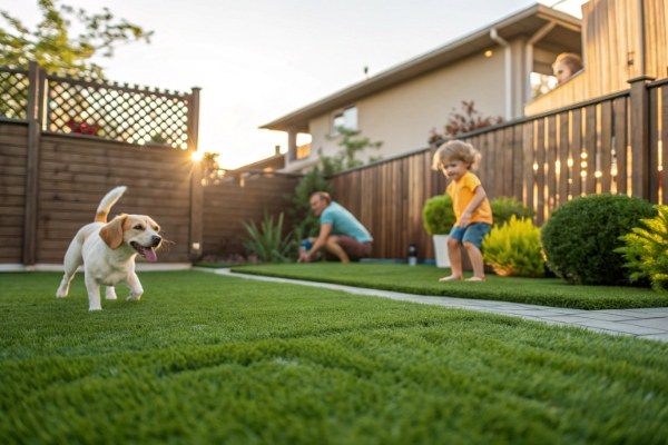 A child and a dog playing safely on an artificial turf lawn with visible infill