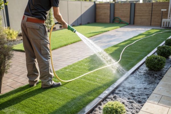 Person using a hose to rinse an artificial grass lawn