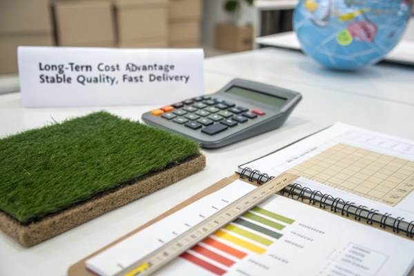A calculator and turf samples on a desk, representing cost comparison