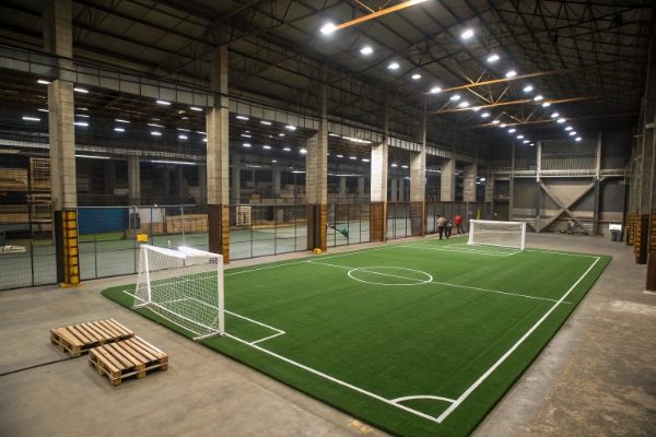 An example of a mini football field in an unusual space like a warehouse