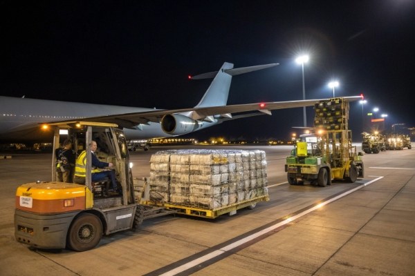 An air freight cargo plane being loaded with goods