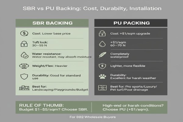 An infographic comparing the features of SBR and PU artificial grass backing