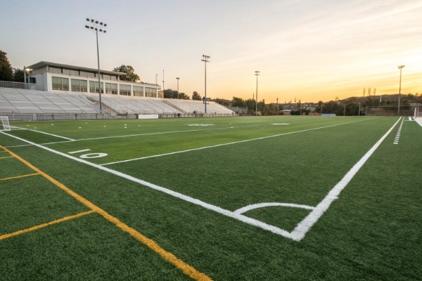 An empty artificial football field with white lines, showing the vast surface area