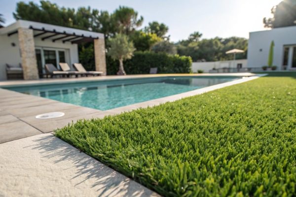 Close-up of high-quality artificial turf next to a pool coping
