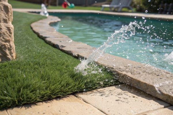 Water splashing from a pool onto the adjacent artificial turf