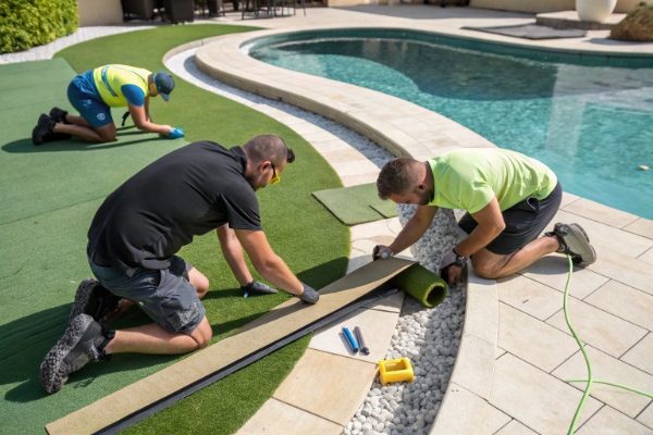 Installation team laying and securing artificial turf around a curved pool