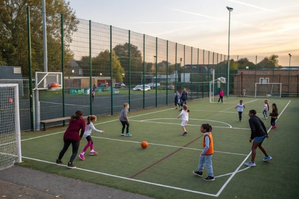 Children and adults playing together on a community MUGA pitch