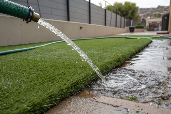 Water from a hose draining quickly through a section of artificial grass