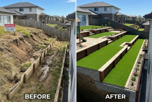 Before and after transformation of a sloped garden using artificial turf