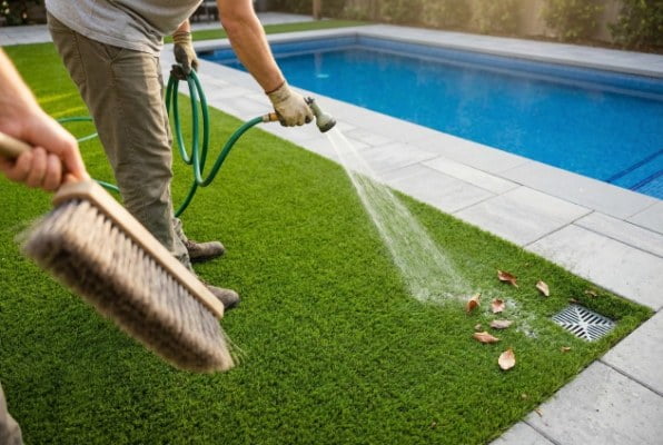 Person rinsing artificial grass with a garden hose