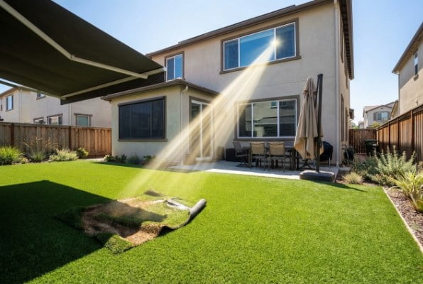 sunlight reflecting off windows onto grass