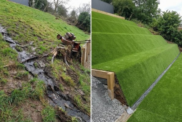 Comparison of soil erosion vs stable artificial turf on a hill