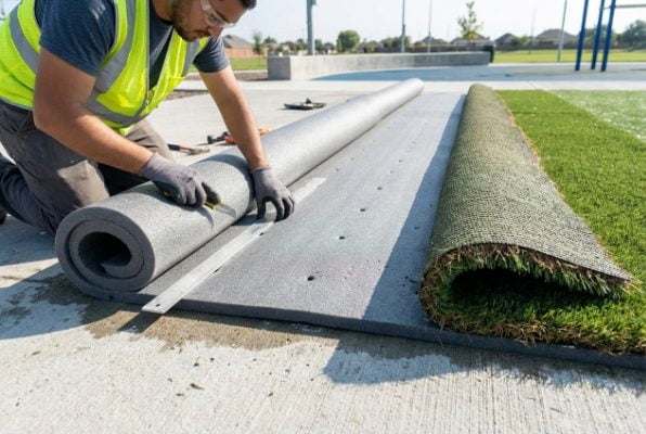 worker installing shock pad under artificial grass