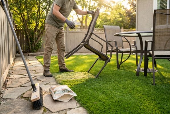 man rotating furniture on artificial grass