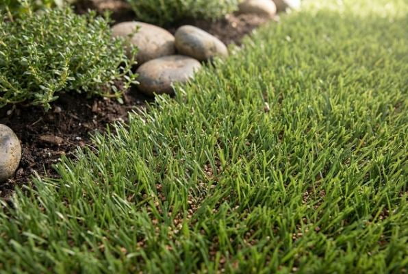 close up of matte finish artificial turf in a garden environment