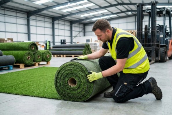 worker inspecting artificial turf roll