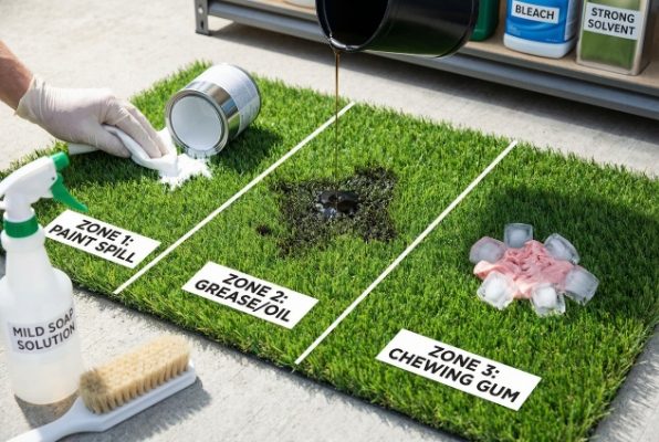 cleaning chemicals and paint spilling on grass