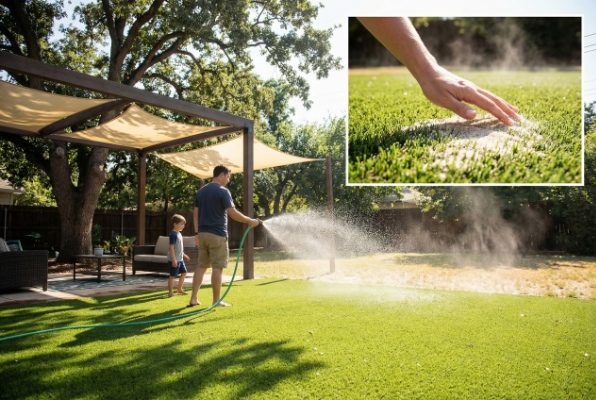 watering artificial grass to cool down