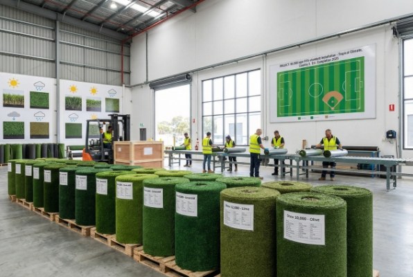 warehouse with rolls of custom artificial grass ready for export
