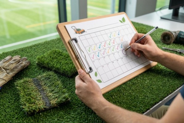 Maintenance calendar showing turf brushing frequency