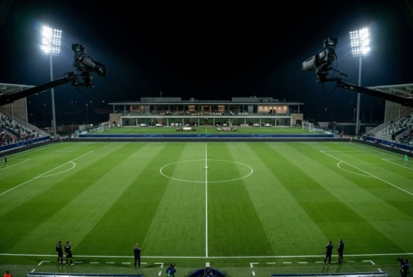 soccer field with delustered turf under stadium lights