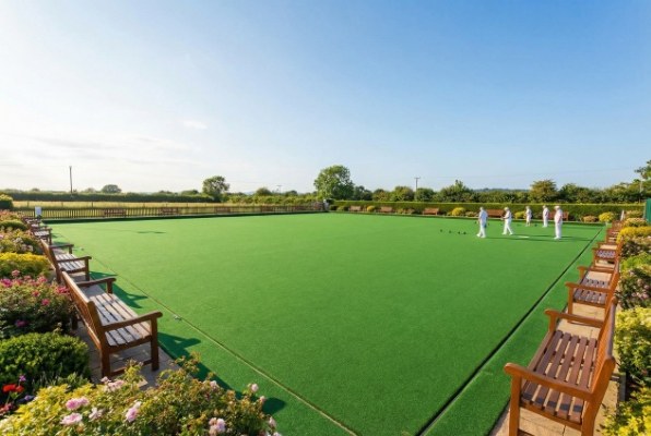 Green artificial bowling turf with bowling balls