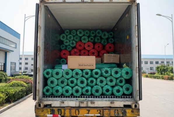 Shipping container loaded with turf rolls and machinery