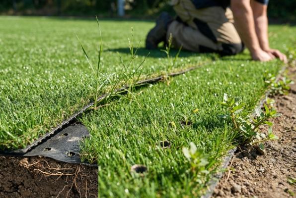 weeds growing at artificial turf edges