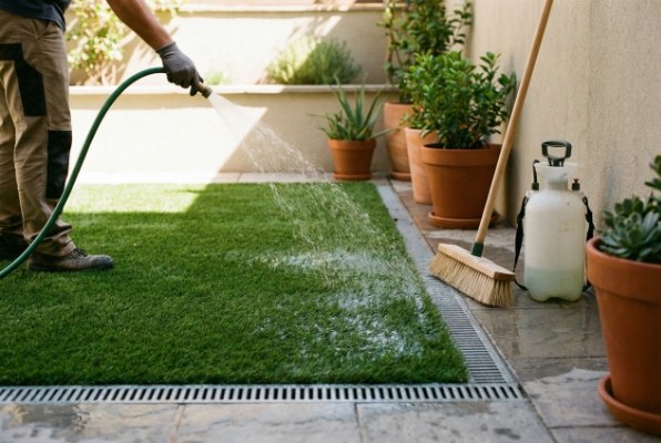 person rinsing artificial grass with hose pipe