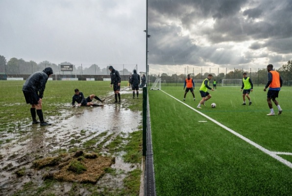 comparison of muddy natural grass and clean artificial turf in rain