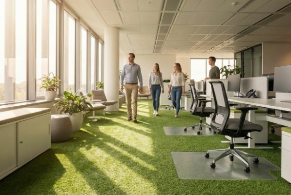 Sunlight hitting artificial grass in an office