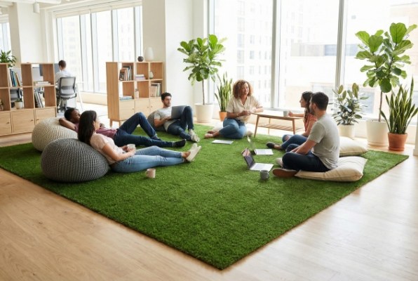 Employees relaxing on indoor turf breakout area
