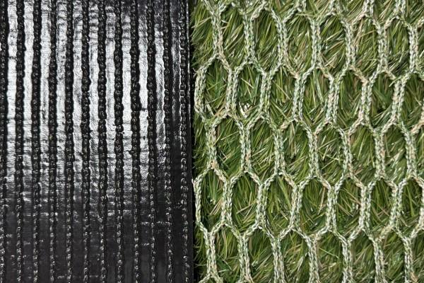 comparison of standard PU backing vs open woven mesh hybrid turf