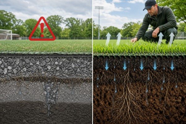 Comparing topsoil foundation for hybrid turf versus stone base for standard turf