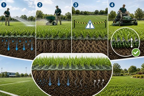 Landscaper maintaining newly installed hybrid turf during the maturation gap
