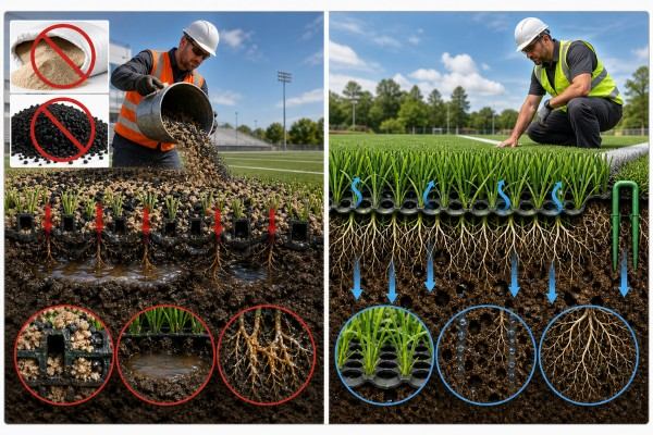 Woven hybrid turf showing open mesh without sand or rubber infill